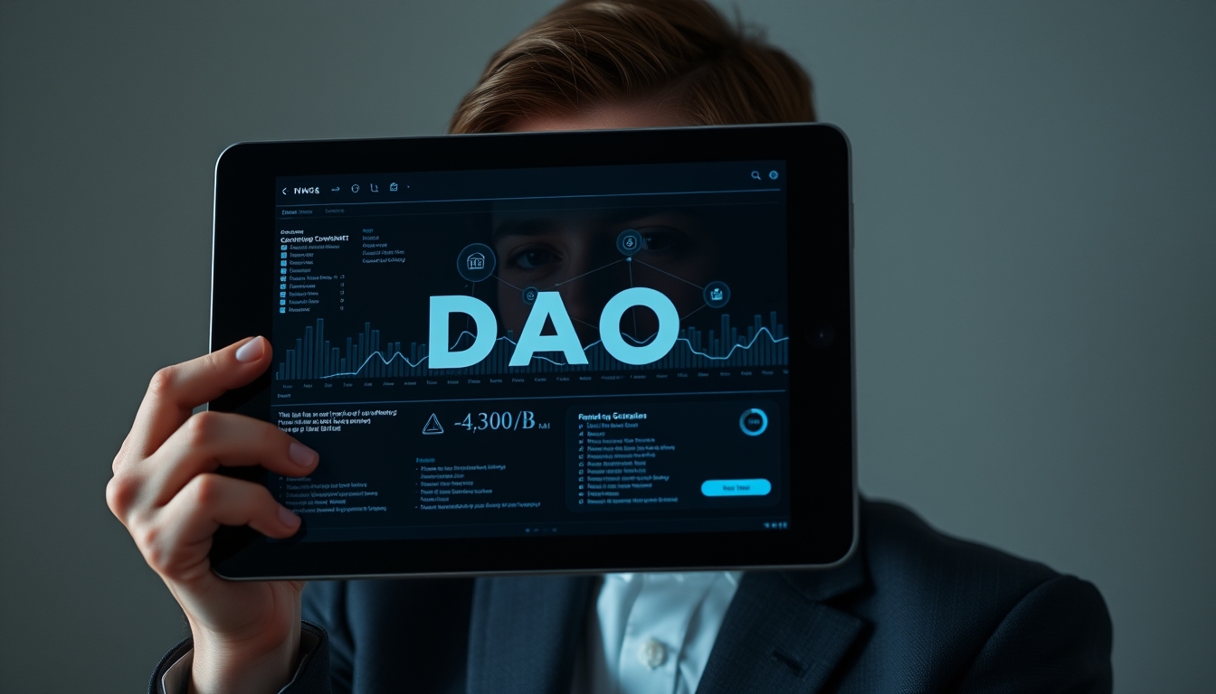 DAO governance interface on tablet in editorial style