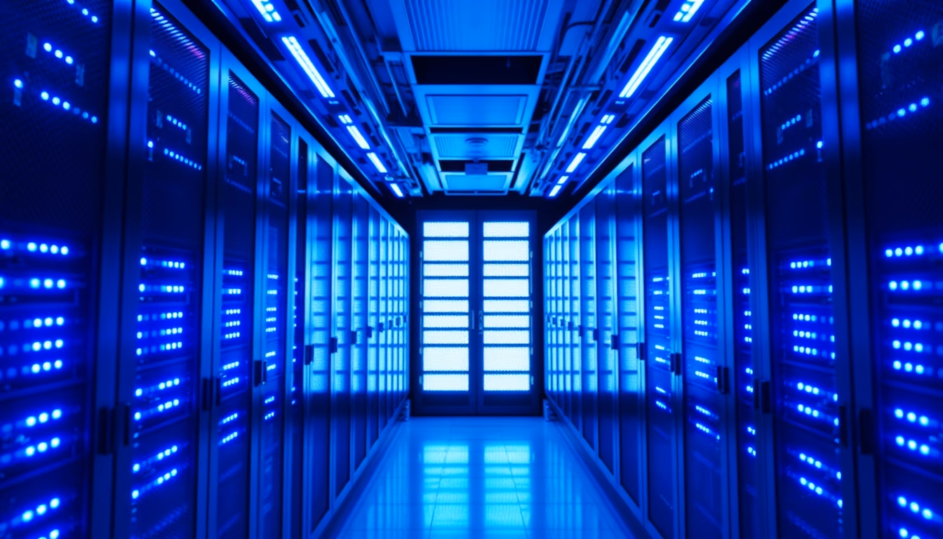 Servidores de data center room blue LED em estilo editorial
