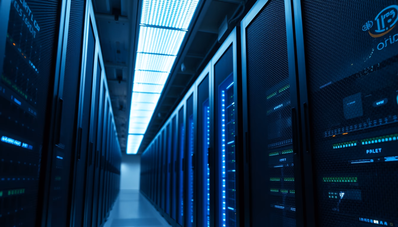 Servidores de data center room blue LED em estilo editorial