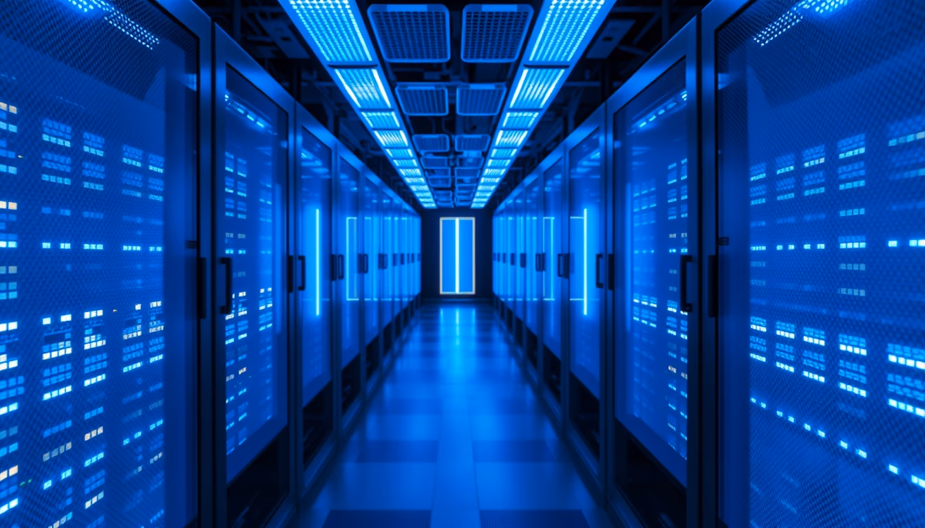 Servidores de data center room blue LED em estilo editorial