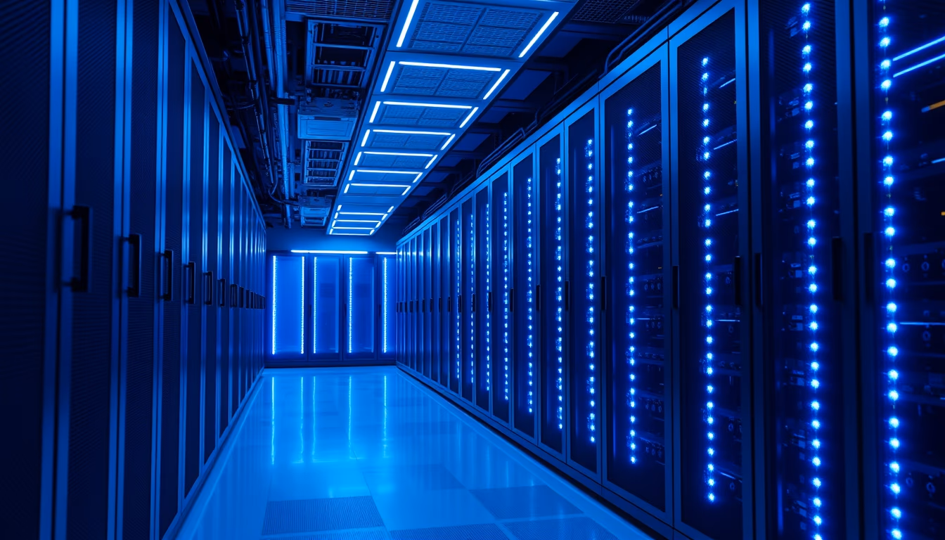 Servidores de data center room blue LED em estilo editorial