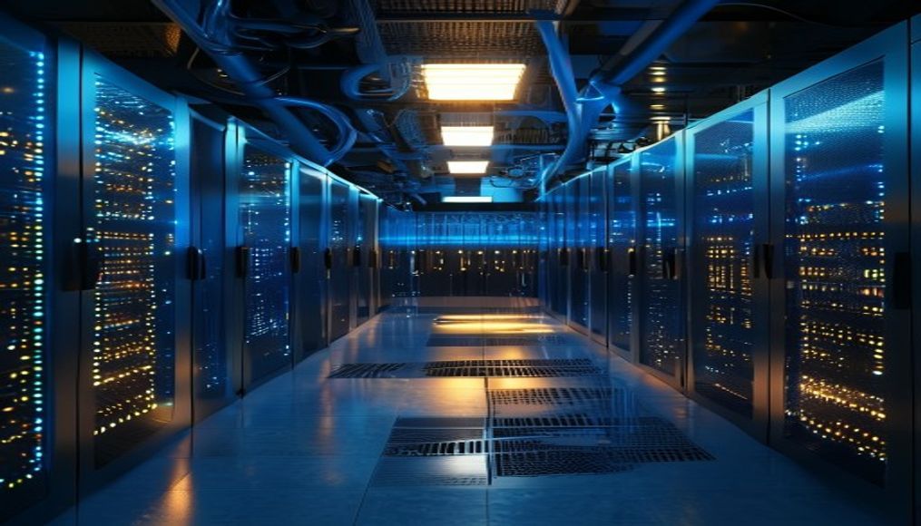 Servidores de data center room blue LED em estilo editorial