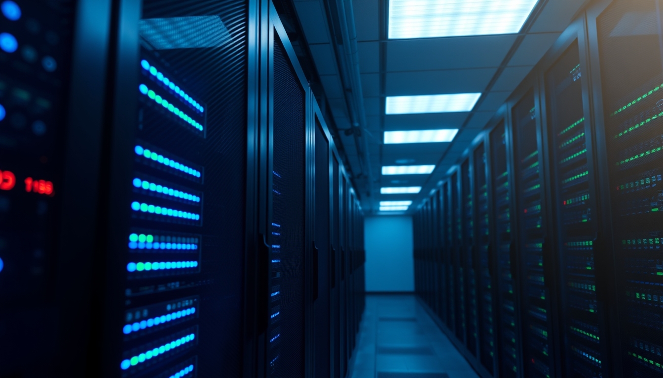 Sala de servidores de data center com LEDs azul e verde em estilo editorial