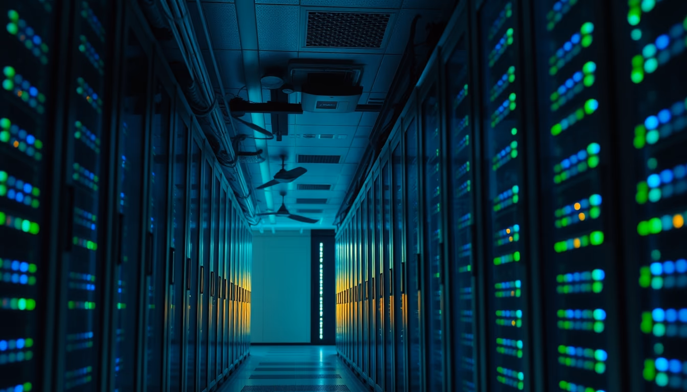 data center server room with blue and green LED lights in deep corridor in editorial style