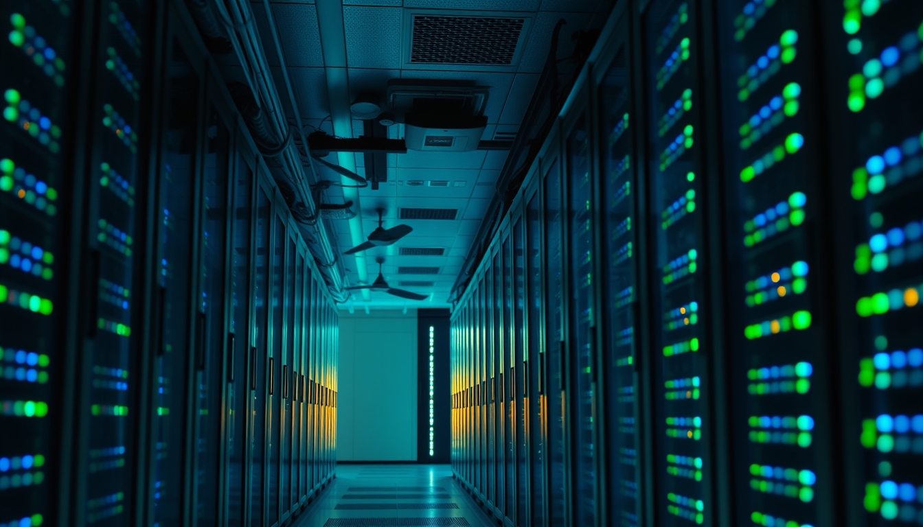 Sala de servidores de data center com LEDs azul e verde em estilo editorial