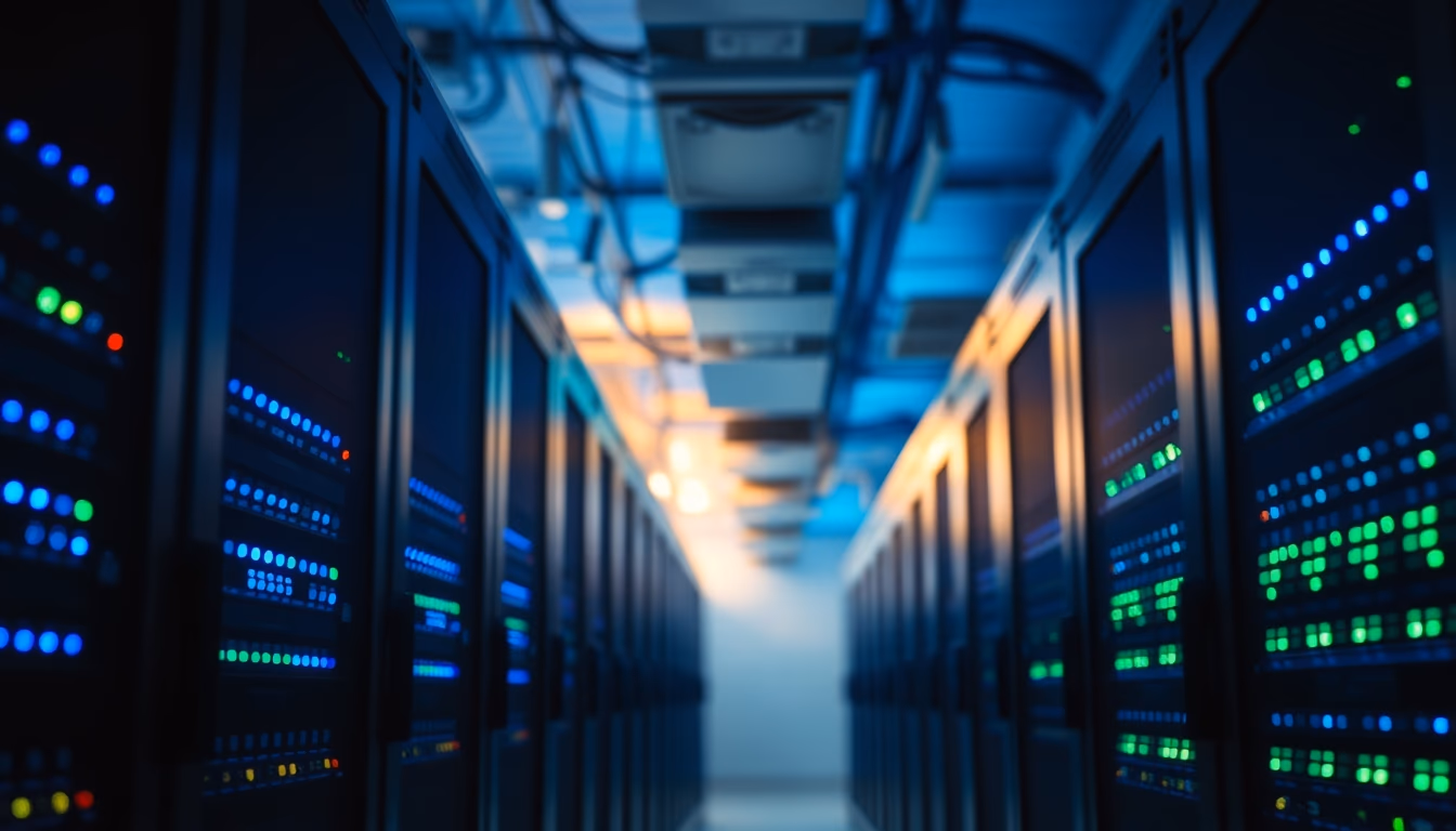 Sala de servidores de data center com LEDs azul e verde em estilo editorial