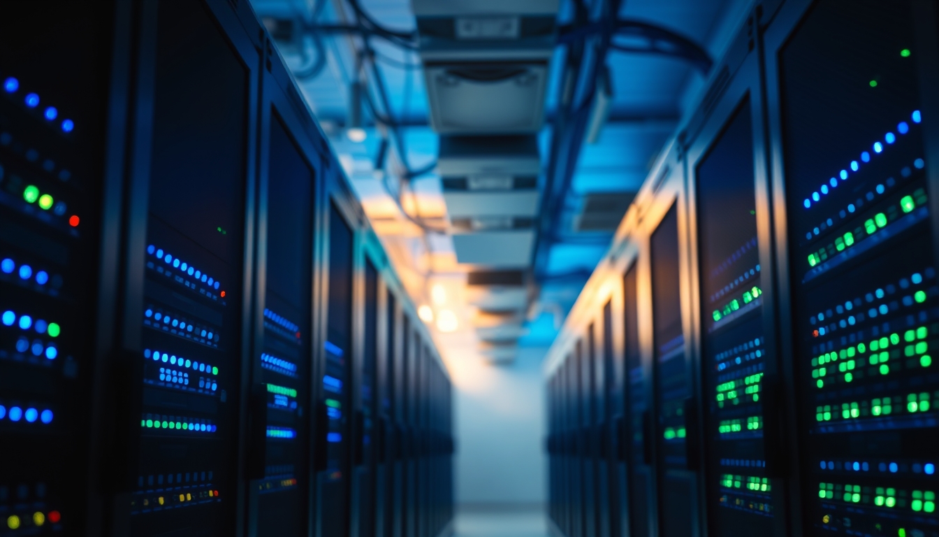 Sala de servidores de data center com LEDs azul e verde em estilo editorial