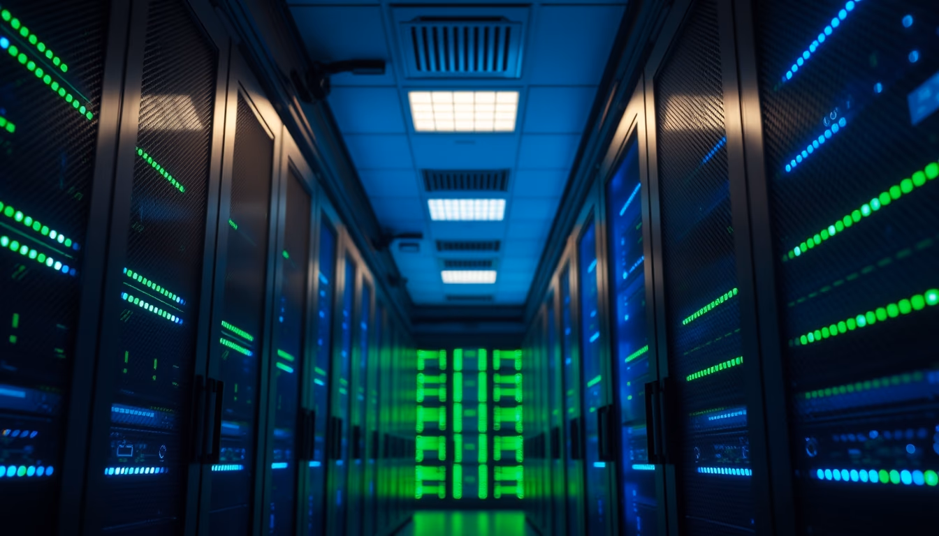 data center server room with blue and green LED lights in deep corridor in editorial style