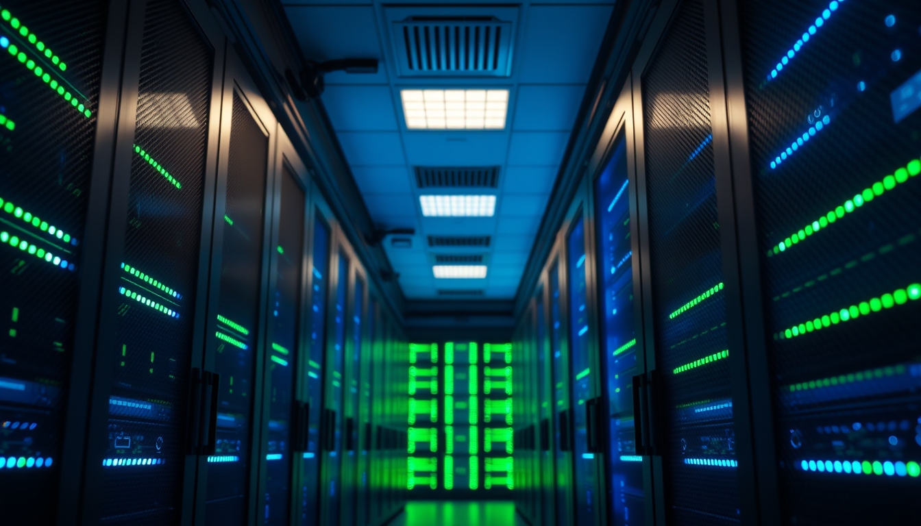 Sala de servidores de data center com LEDs azul e verde em estilo editorial