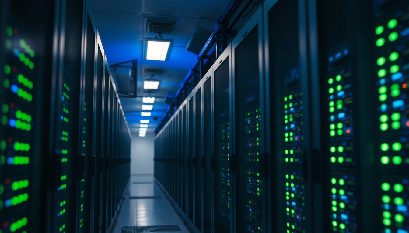 Sala de servidores de data center com LEDs azul e verde em estilo editorial