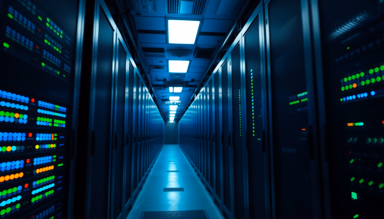 Sala de servidores de data center com LEDs azul e verde em estilo editorial
