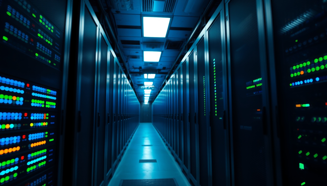 Sala de servidores de data center com LEDs azul e verde em estilo editorial