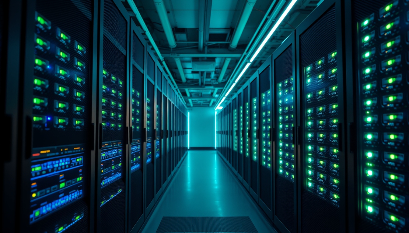 Sala de servidores de data center com LEDs azul e verde em estilo editorial