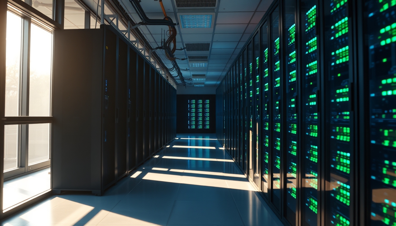 Sala de servidores de data center com LEDs azul e verde em estilo editorial