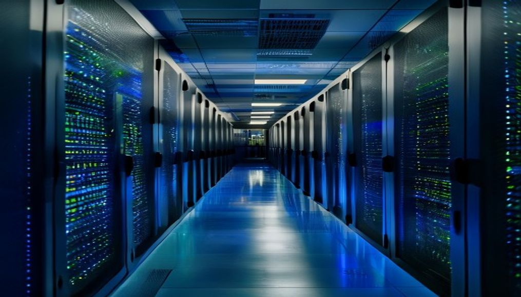 data center server room with blue and green LED lights in deep corridor in editorial style