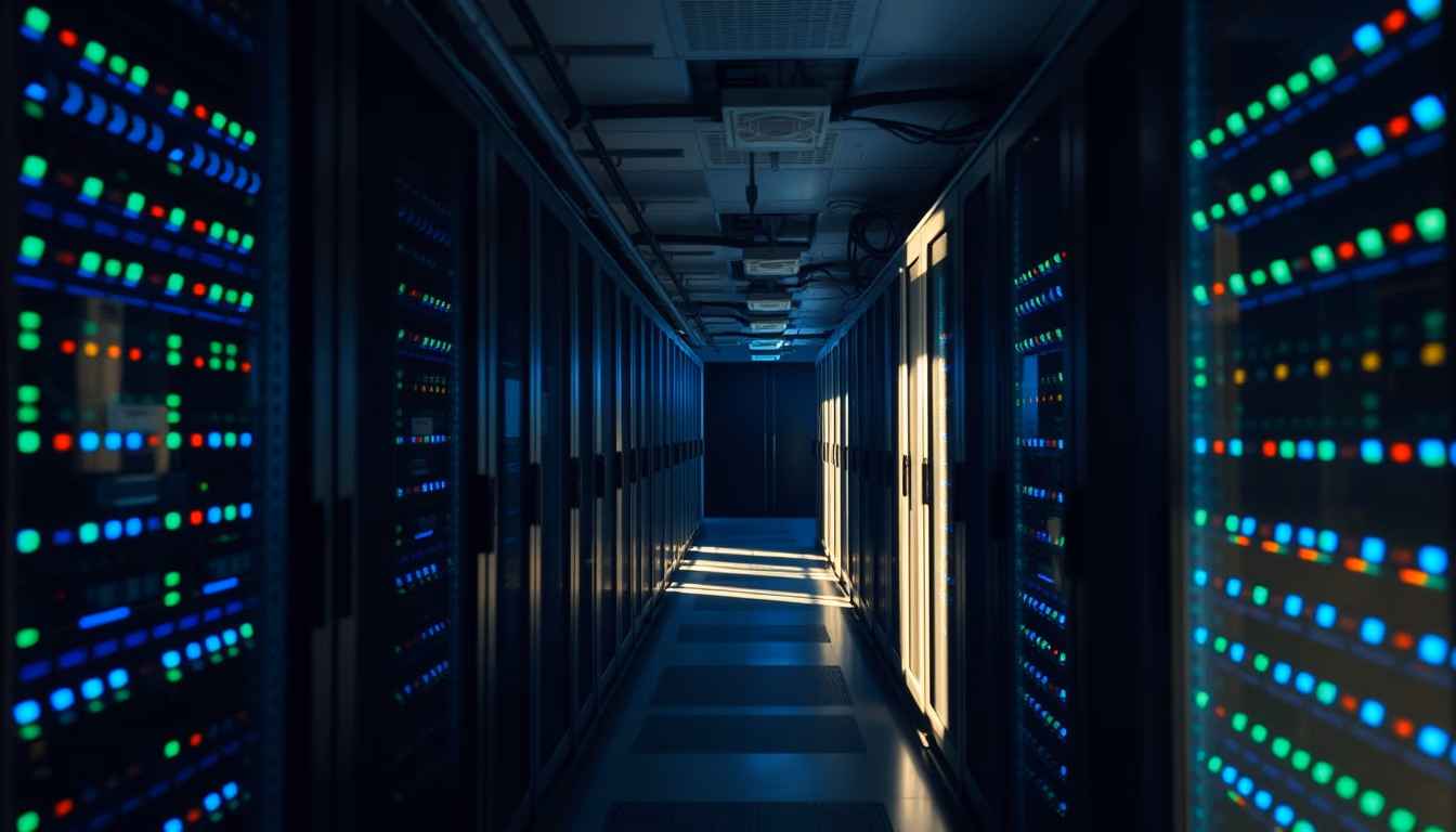 data center server room with blue and green LED lights in deep corridor in editorial style