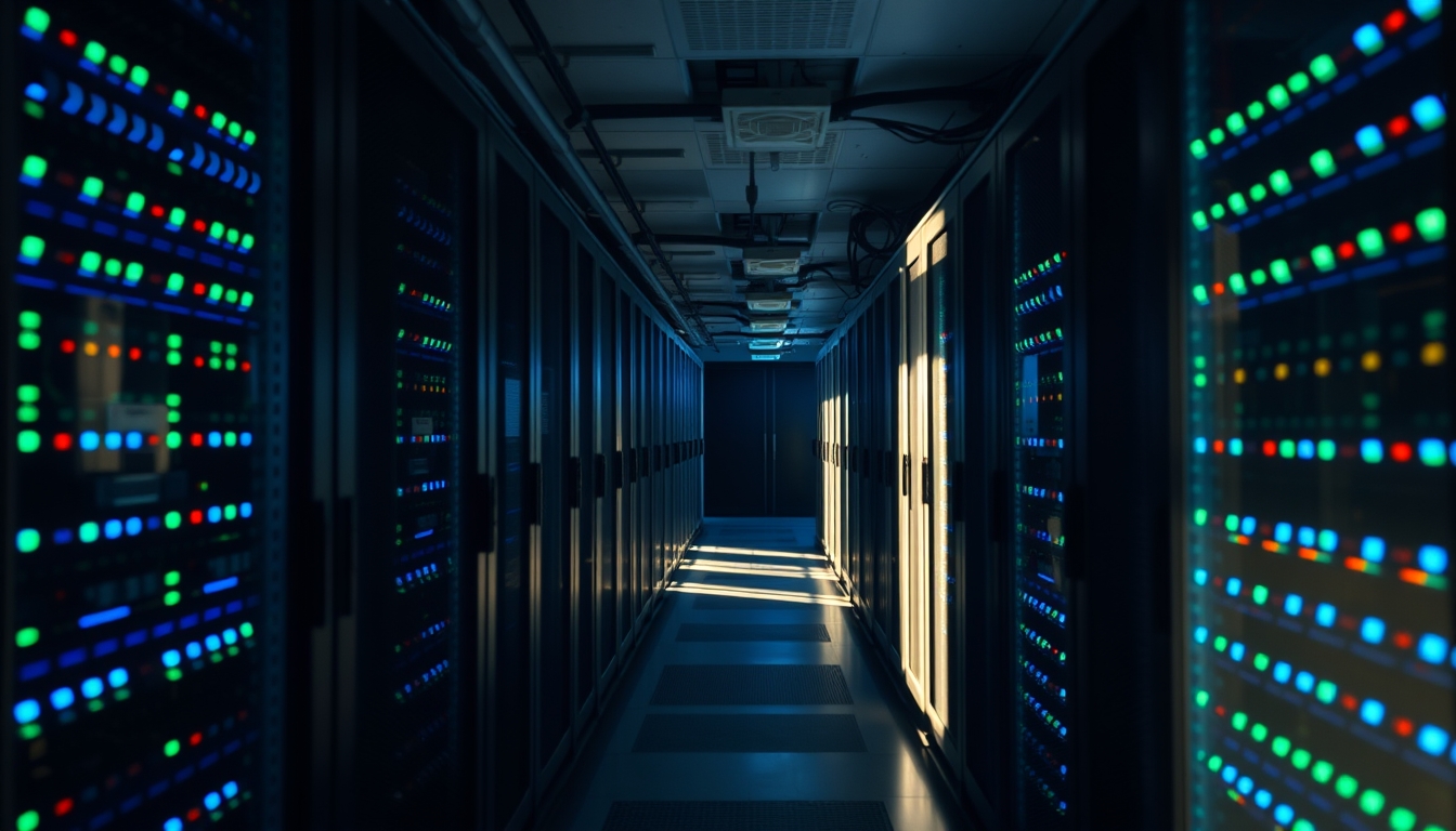 Sala de servidores de data center com LEDs azul e verde em estilo editorial