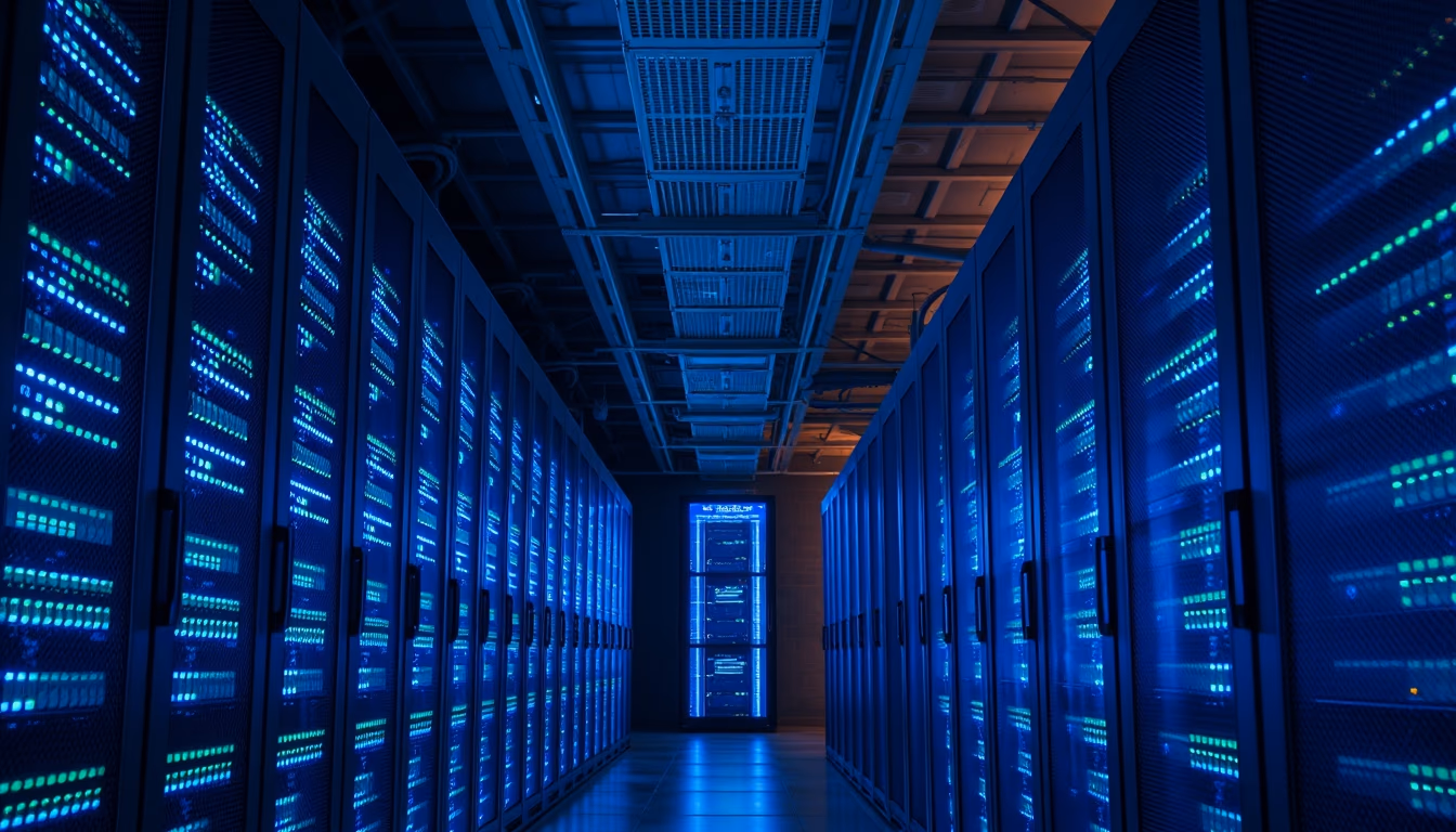 data center server room with blue and green LED lights in deep corridor in editorial style