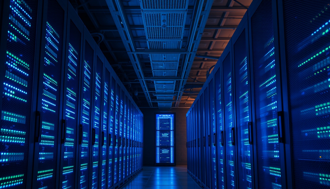 Sala de servidores de data center com LEDs azul e verde em estilo editorial