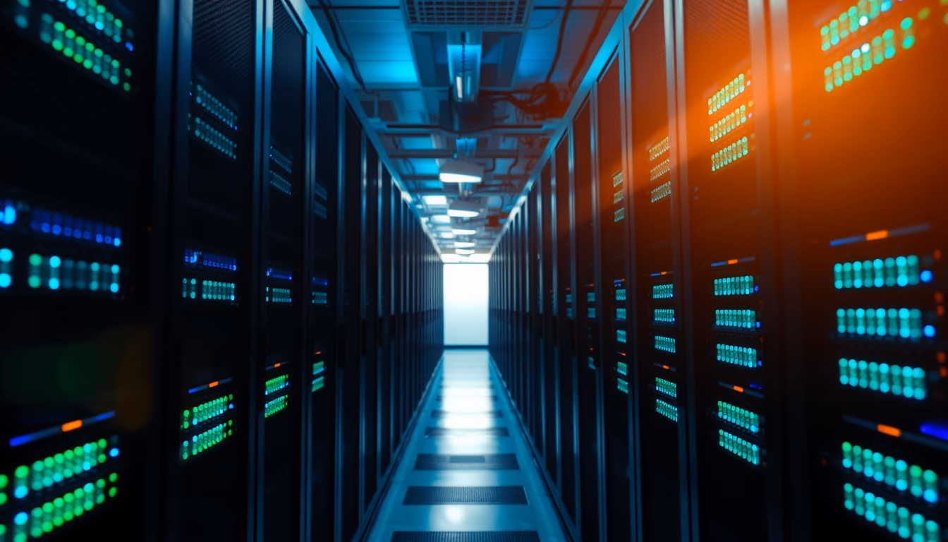 Sala de servidores de data center com LEDs azul e verde em estilo editorial