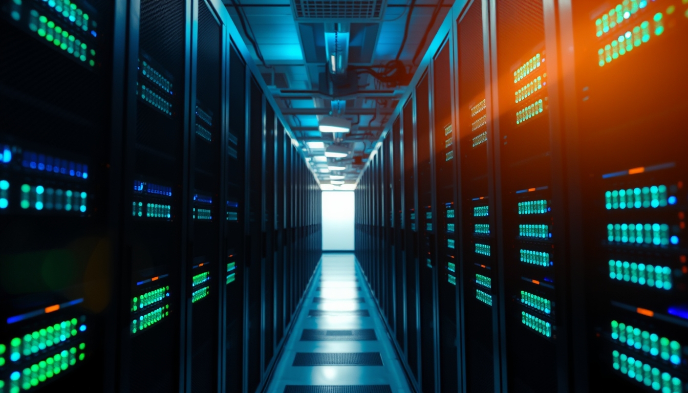 Sala de servidores de data center com LEDs azul e verde em estilo editorial