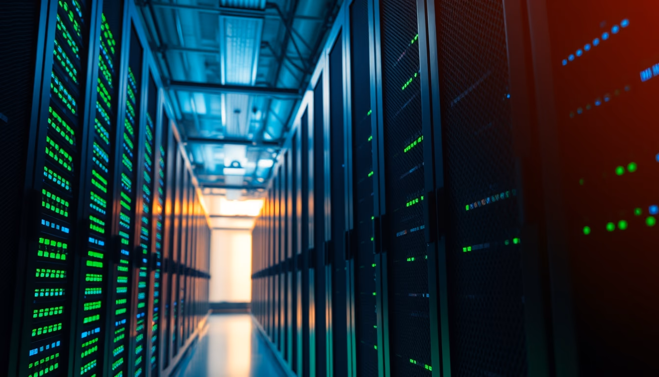 Sala de servidores de data center com LEDs azul e verde em estilo editorial
