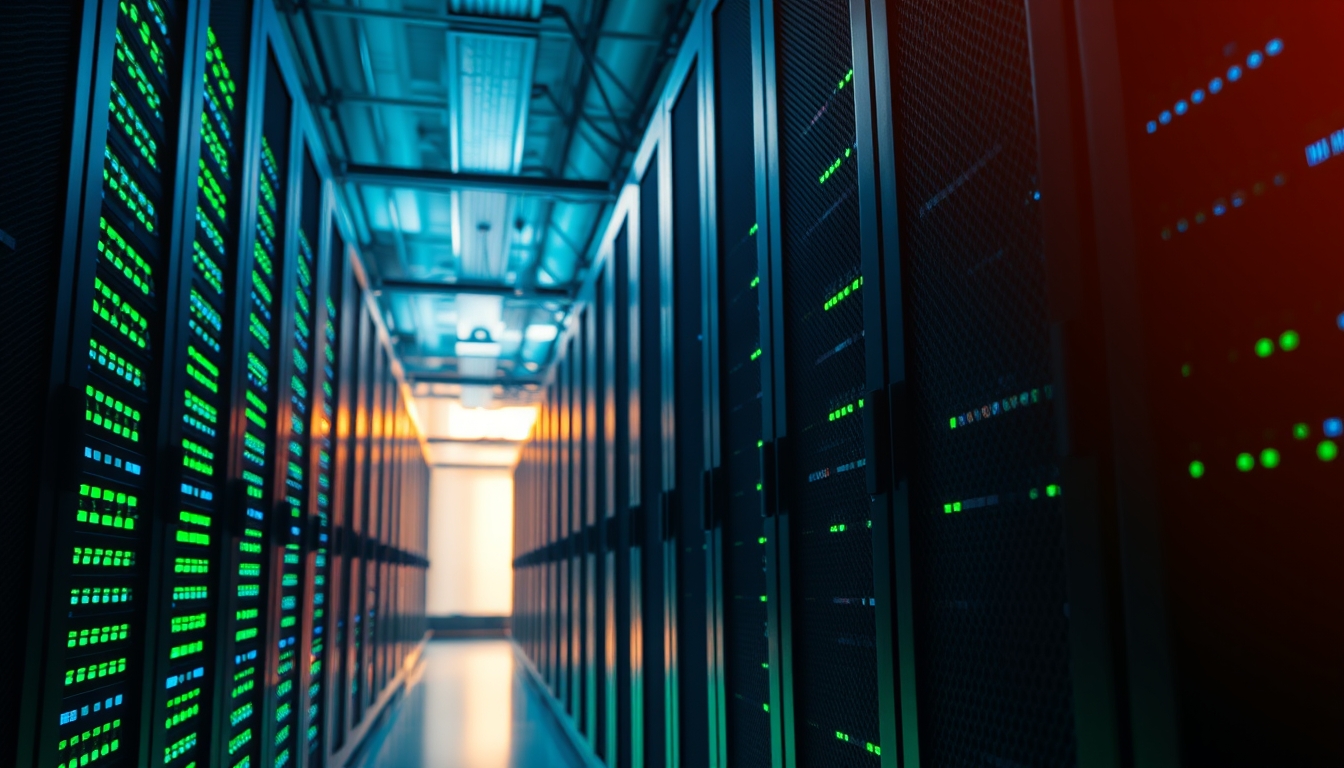 Sala de servidores de data center com LEDs azul e verde em estilo editorial