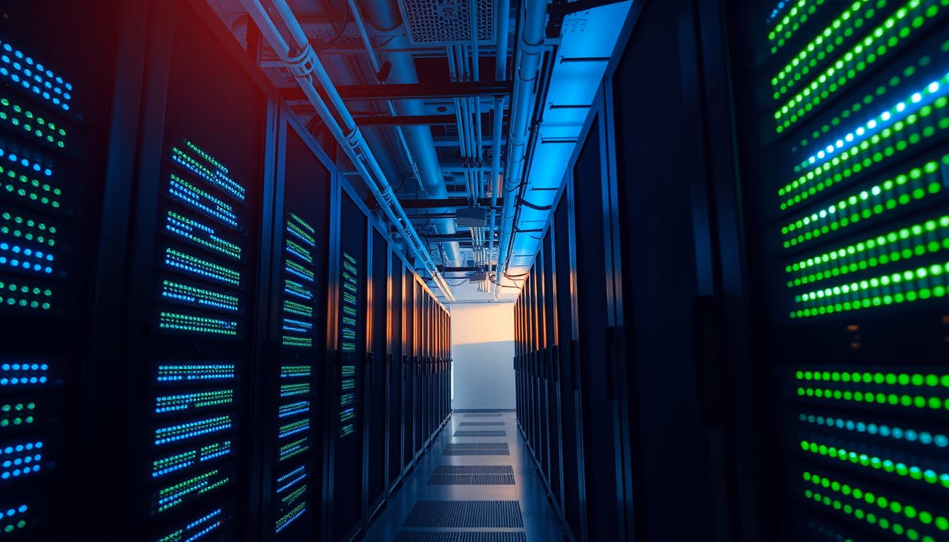 data center server room with blue and green LED lights in deep corridor in editorial style