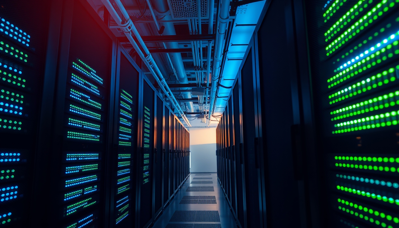 Sala de servidores de data center com LEDs azul e verde em estilo editorial
