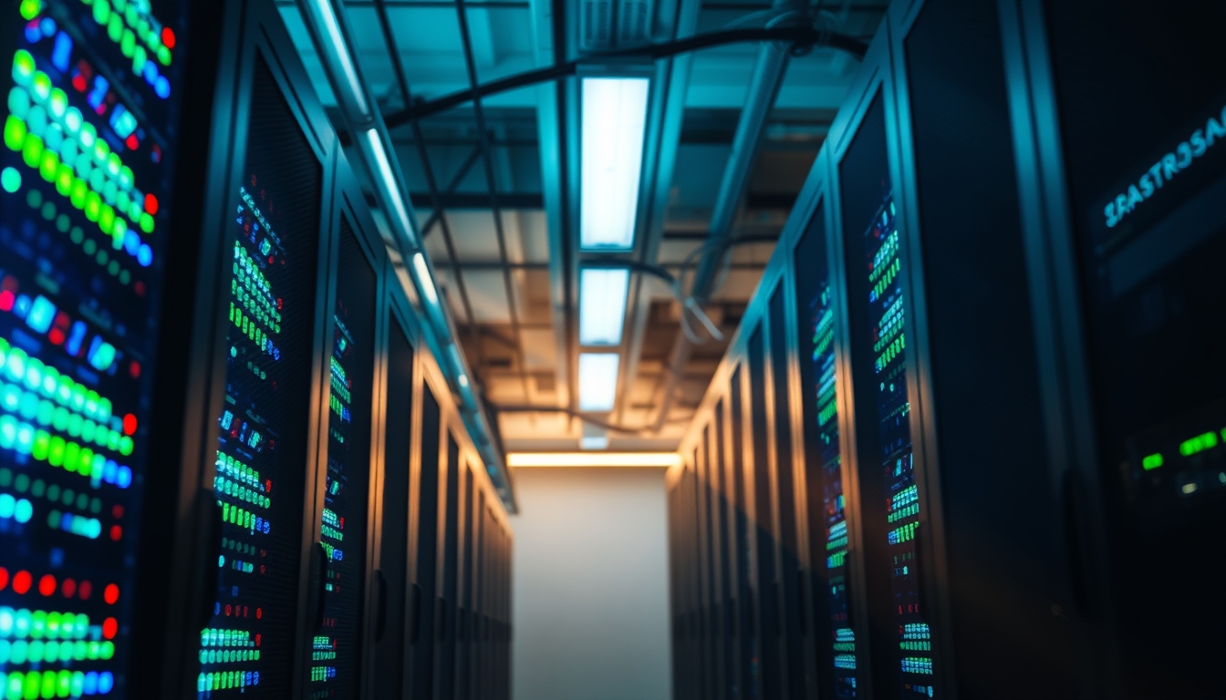 Sala de servidores de data center com LEDs azul e verde em estilo editorial