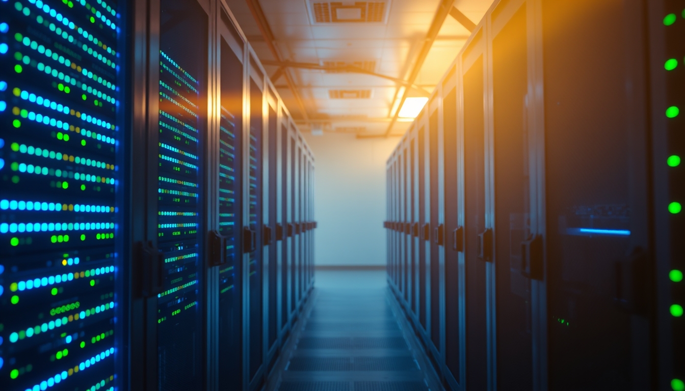 Sala de servidores de data center com LEDs azul e verde em estilo editorial