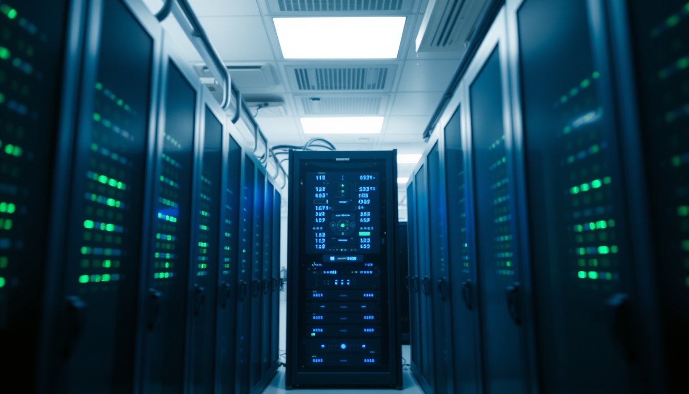 Sala de servidores de data center com LEDs azul e verde em estilo editorial