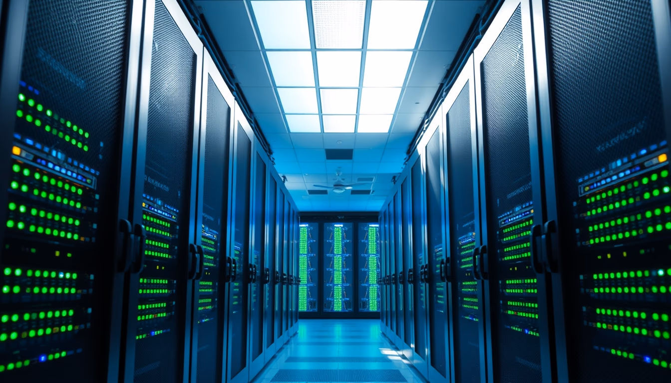 data center server room with blue and green LED lights in deep corridor in editorial style