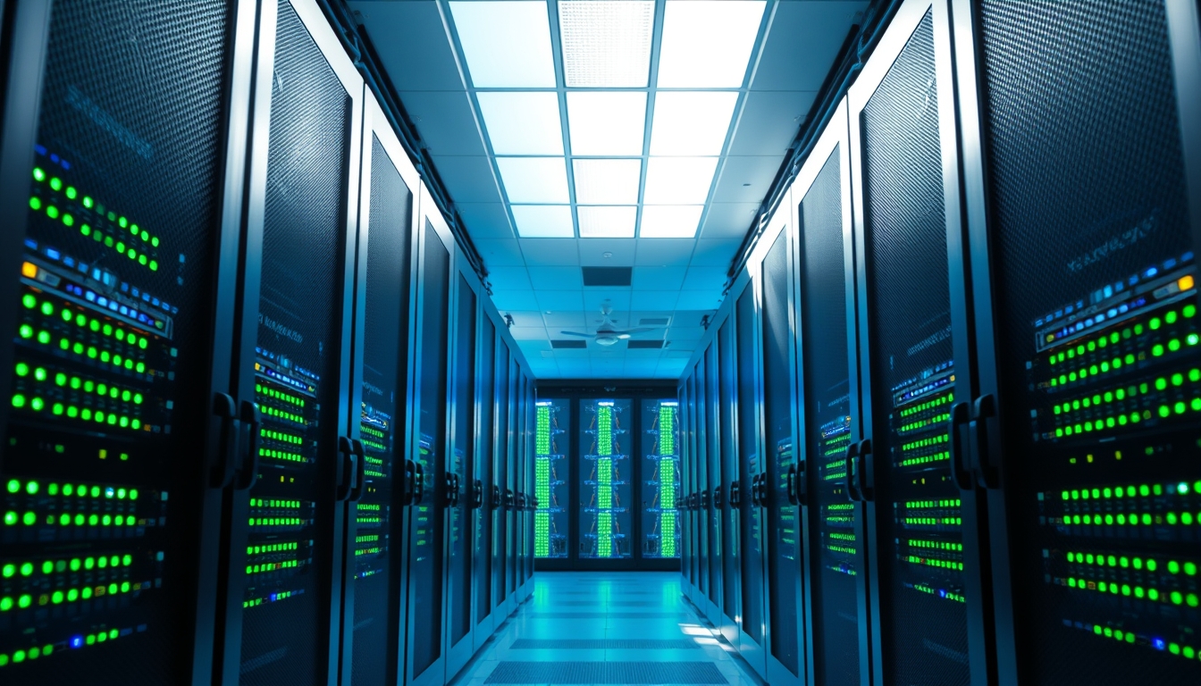 Sala de servidores de data center com LEDs azul e verde em estilo editorial