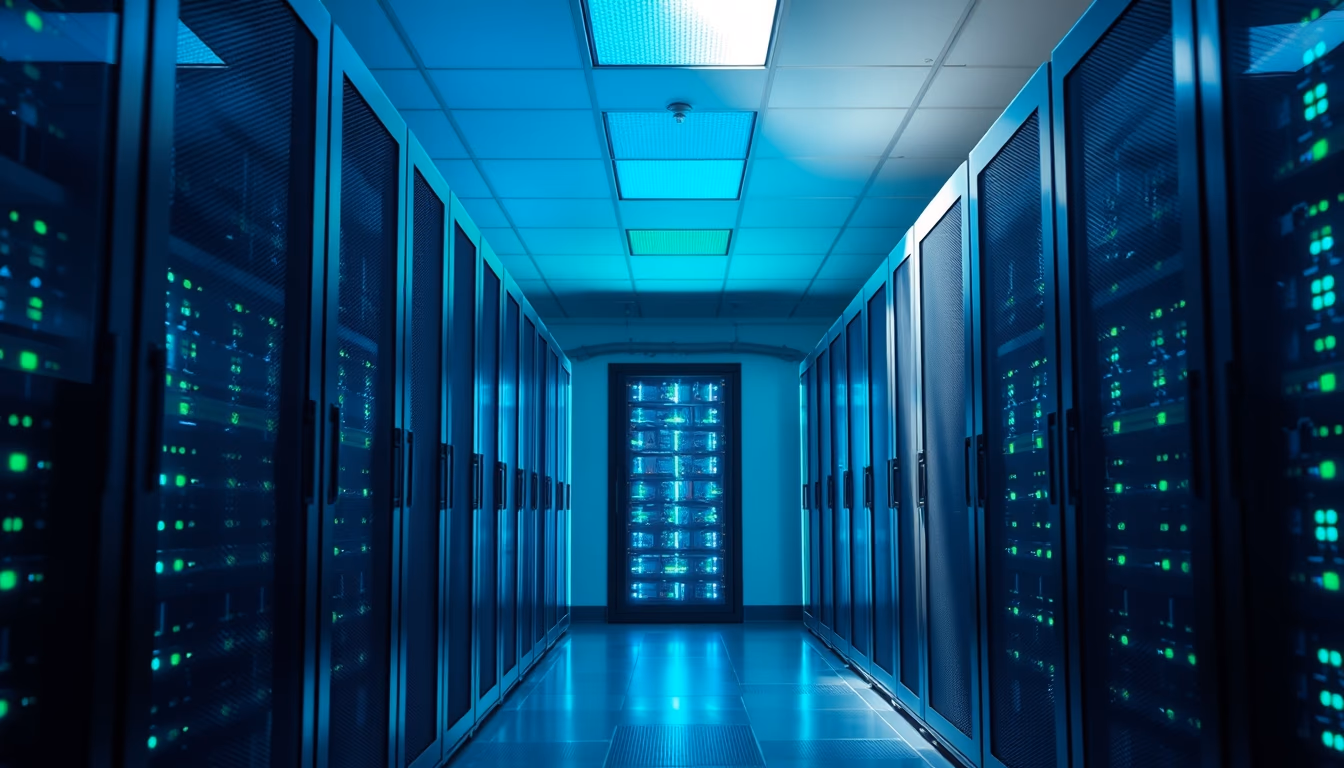 data center server room with blue and green LED lights in deep corridor in editorial style