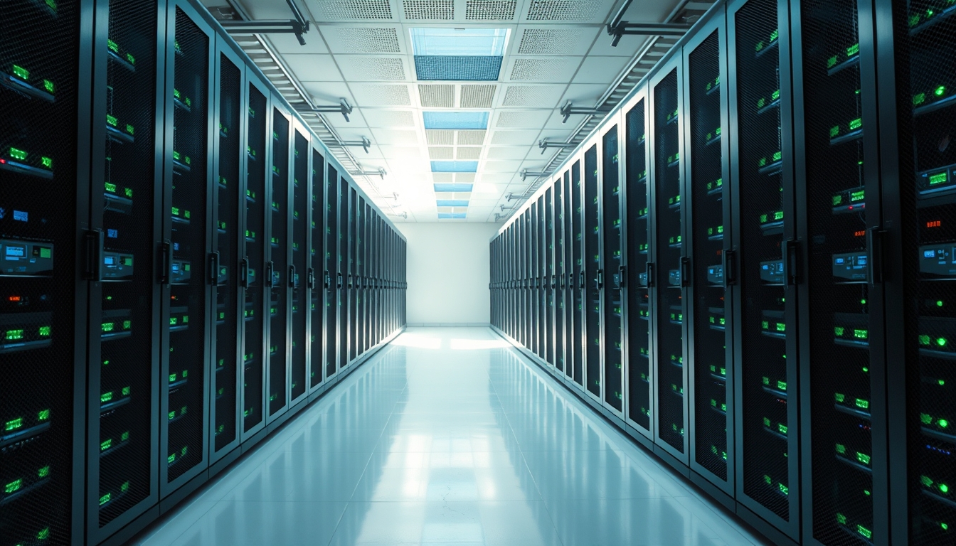 Sala de servidores de data center com LEDs azul e verde em estilo editorial