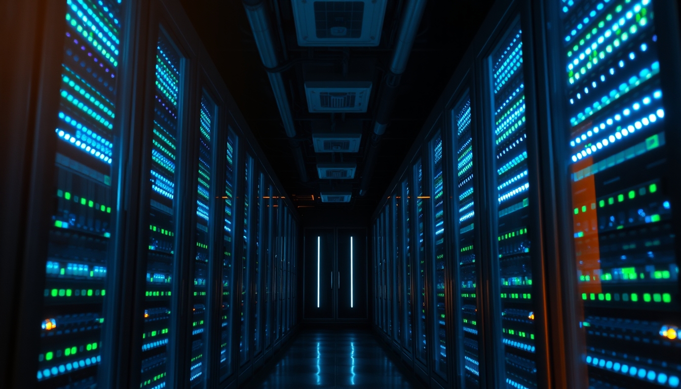 Sala de servidores de data center com LEDs azul e verde em estilo editorial