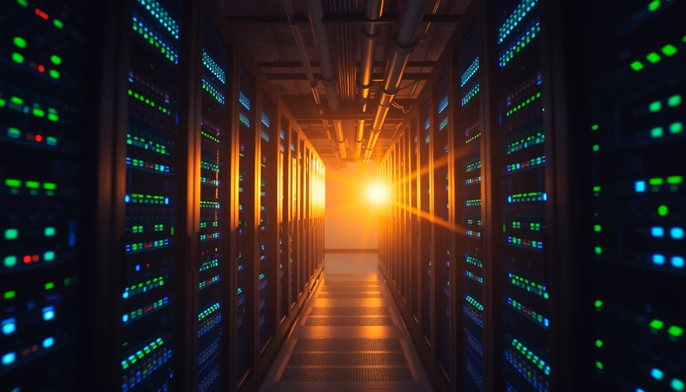 Sala de servidores de data center com LEDs azul e verde em estilo editorial