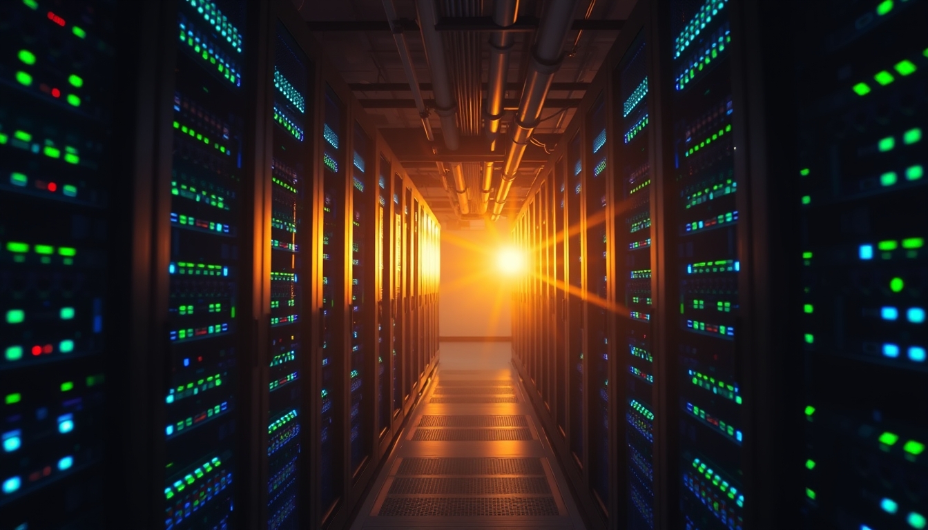 Sala de servidores de data center com LEDs azul e verde em estilo editorial