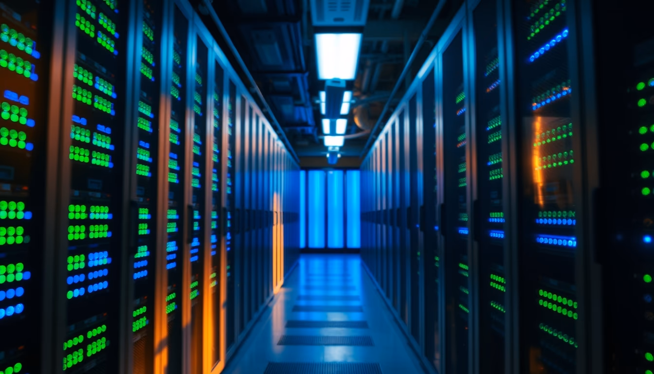 Sala de servidores de data center com LEDs azul e verde em estilo editorial