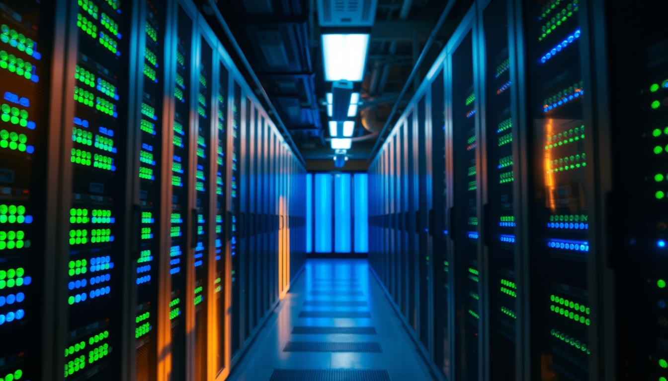 Sala de servidores de data center com LEDs azul e verde em estilo editorial