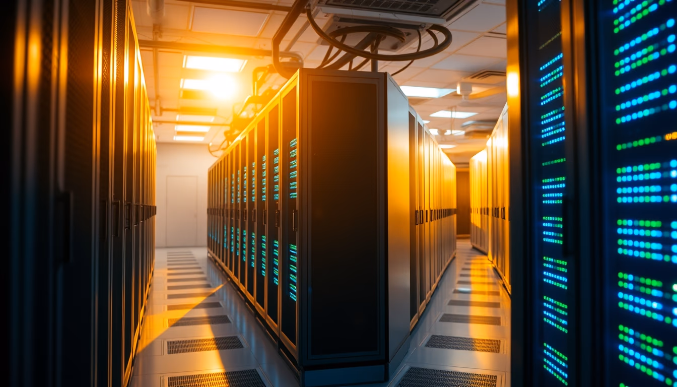 data center server room with blue and green LED lights in deep corridor in editorial style