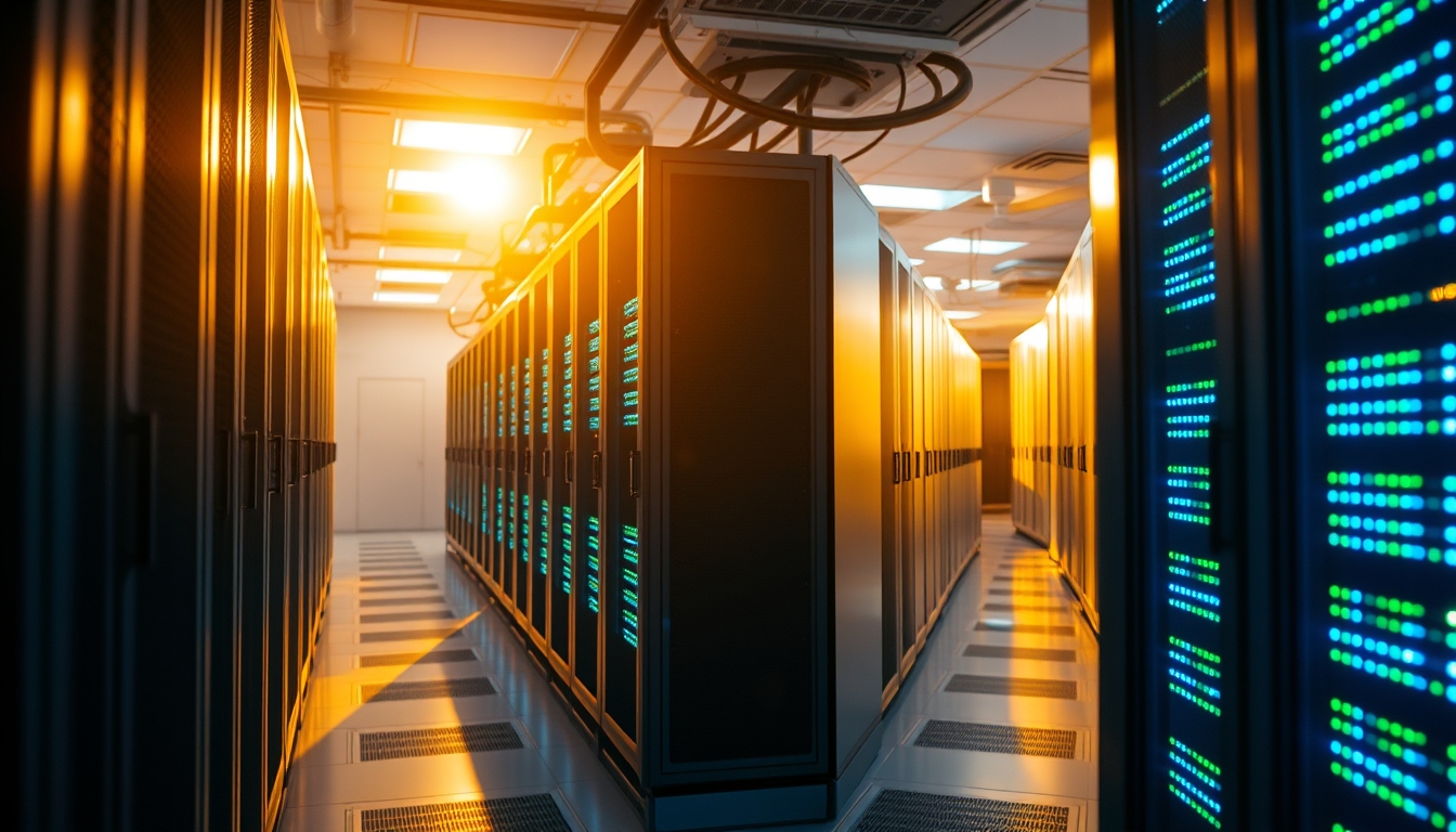 Sala de servidores de data center com LEDs azul e verde em estilo editorial