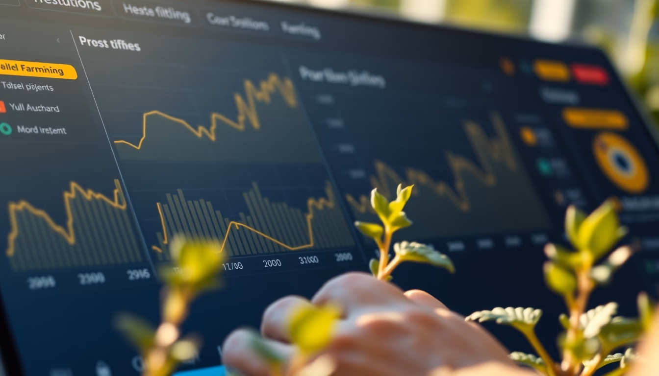 Dashboard de dapp descentralizada mostrando posições de yield farming em estilo editorial