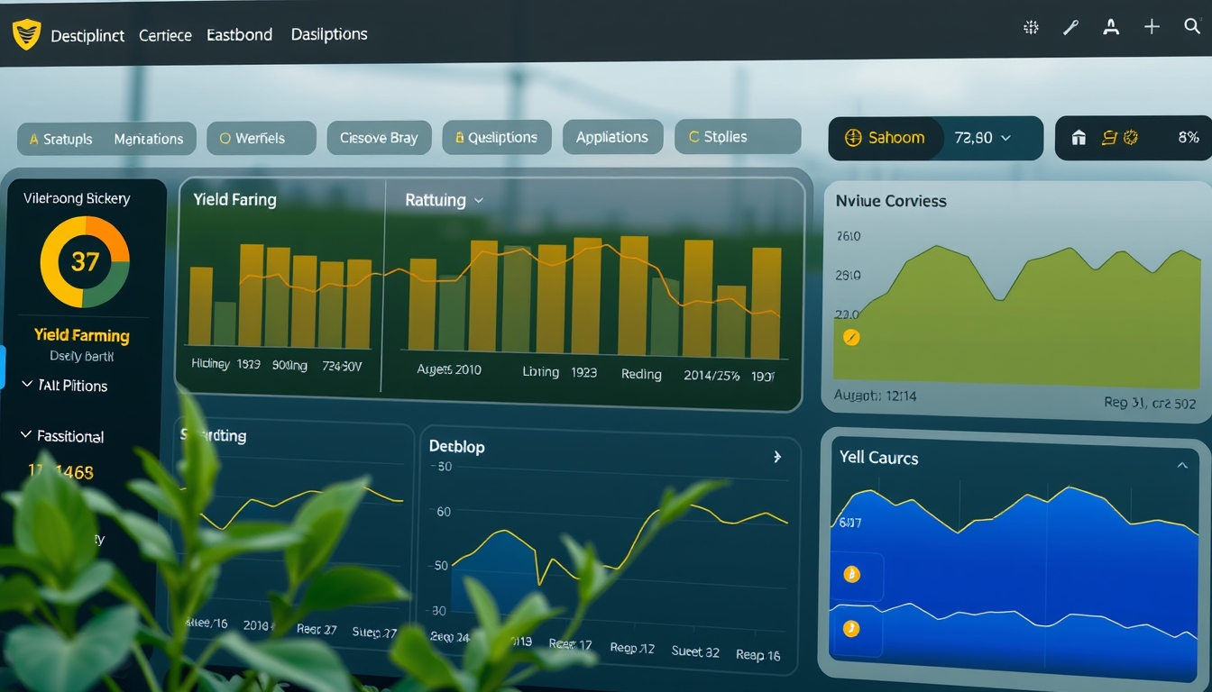 Dashboard de dapp descentralizada mostrando posições de yield farming em estilo editorial