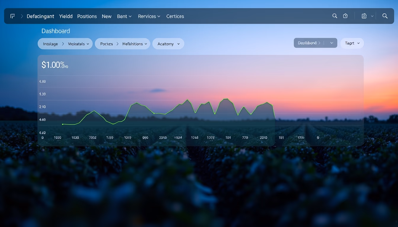 Dashboard de dapp descentralizada mostrando posições de yield farming em estilo editorial