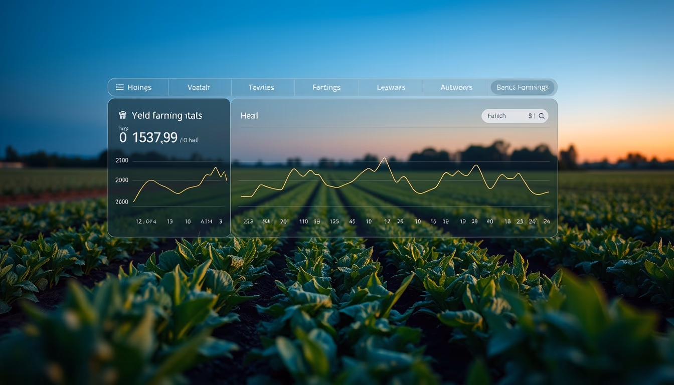 Dashboard de dapp descentralizada mostrando posições de yield farming em estilo editorial