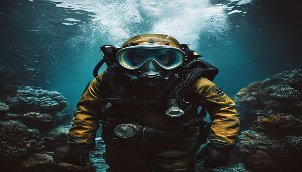 deep sea diving suit antique in editorial style