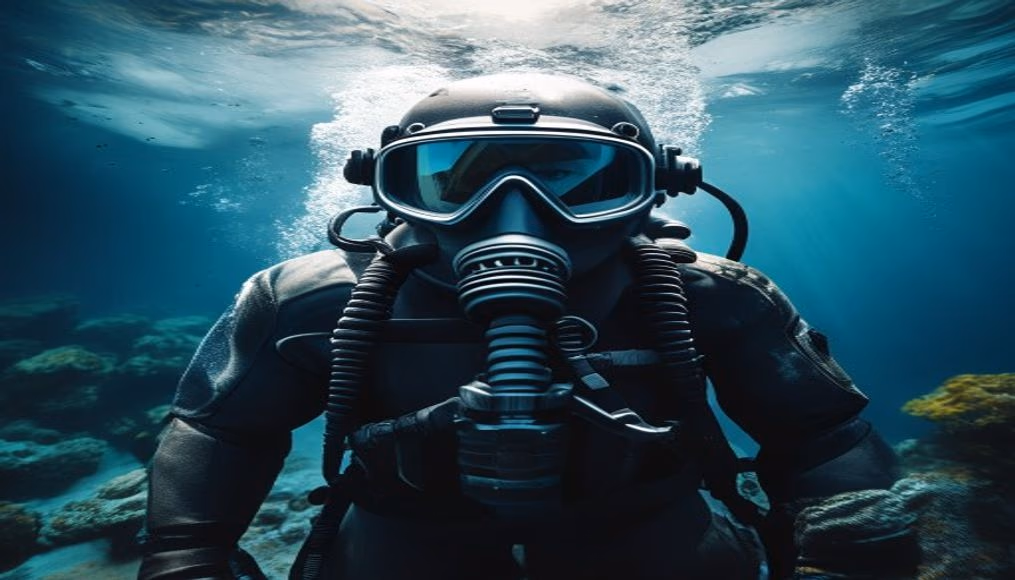 deep sea diving suit antique in editorial style