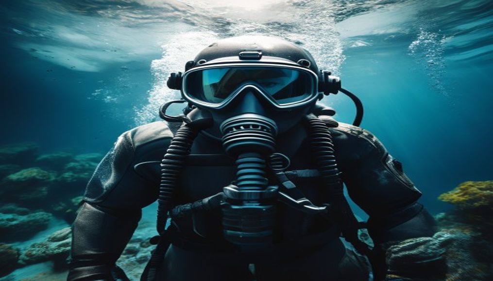 deep sea diving suit antique in editorial style